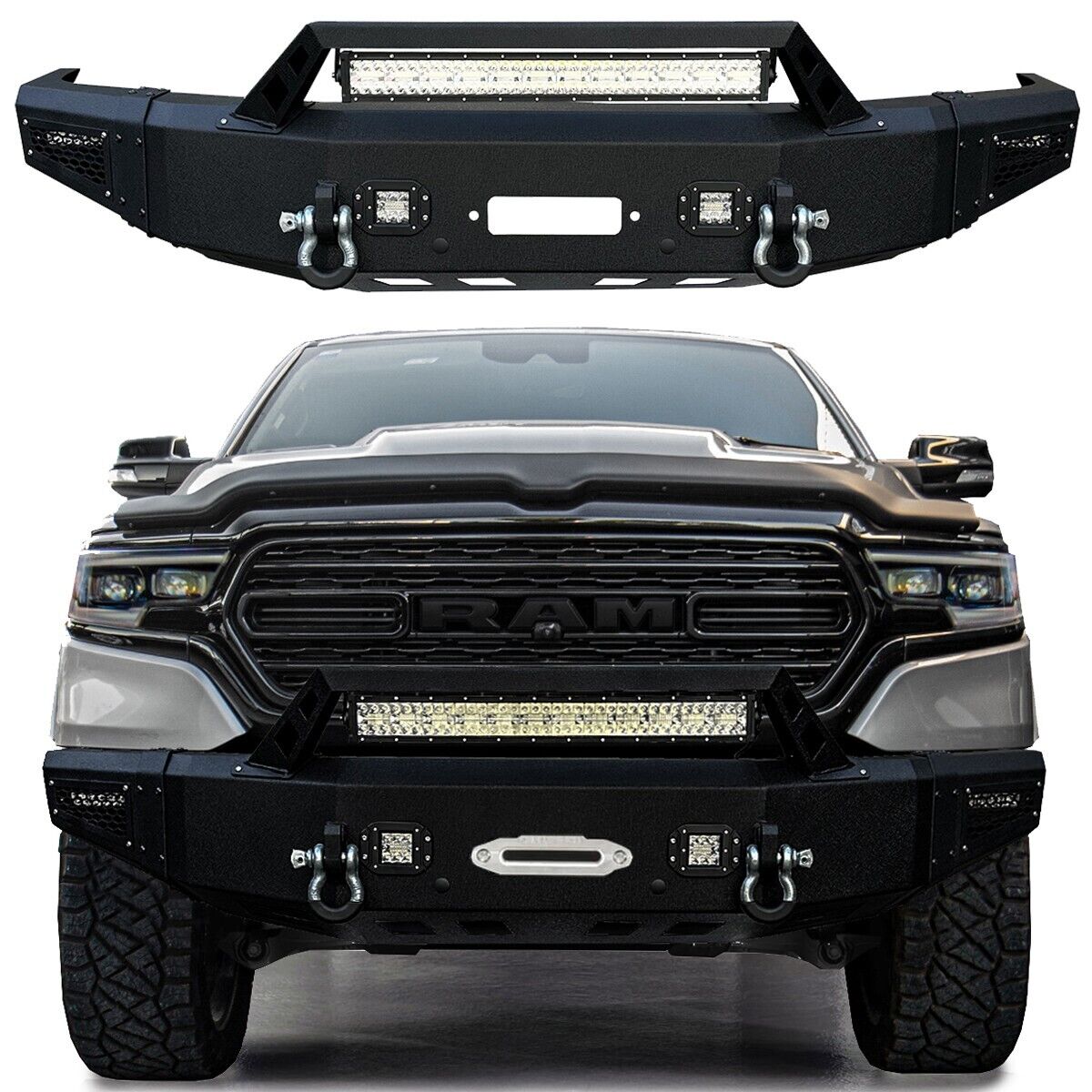 Vijay For 2019-2024 Ram 1500 New Textured Black Front Bumper with 5xLED Lights