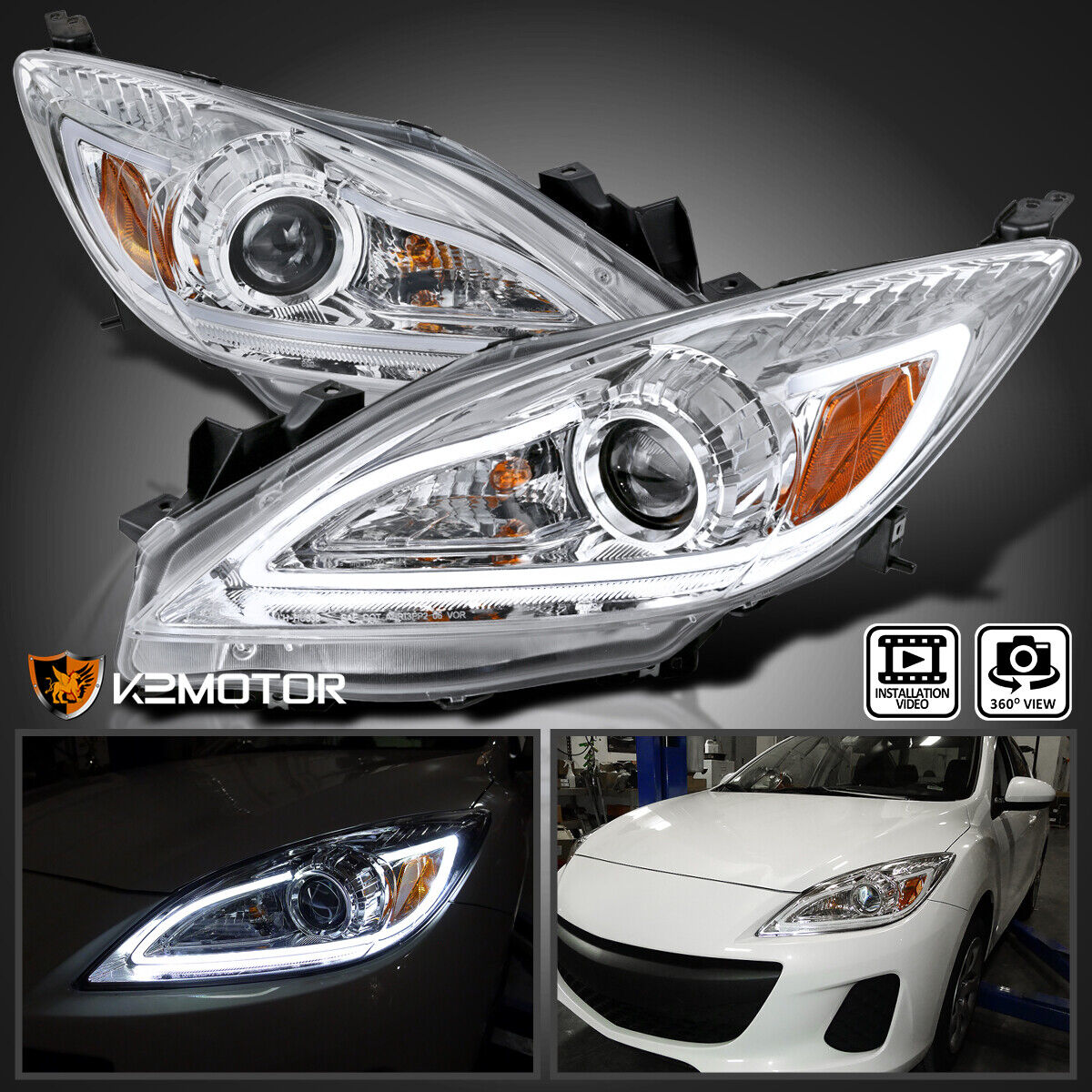 Clear Fits 2010-2013 Mazda 3 LED Strip Projector Headlights Lamps Left+Right