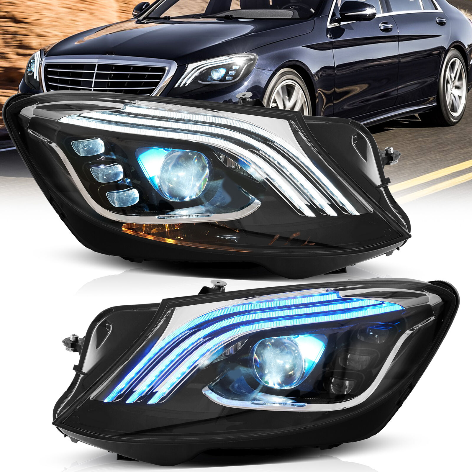 VLAND For 2014-17 Mercedez Benz S-Class LED Headlights DRL Sets w/Animation Pair