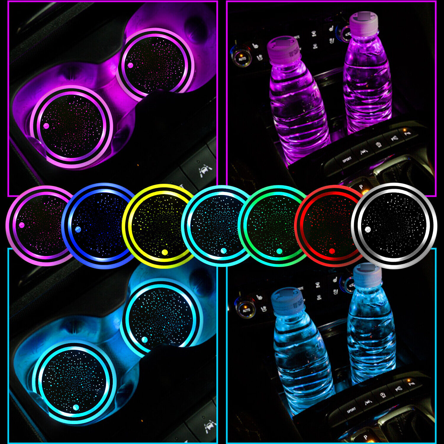 2PCS Cup Pad Car Accessories LED Light Cover Interior Decoration Lights 7 Colors