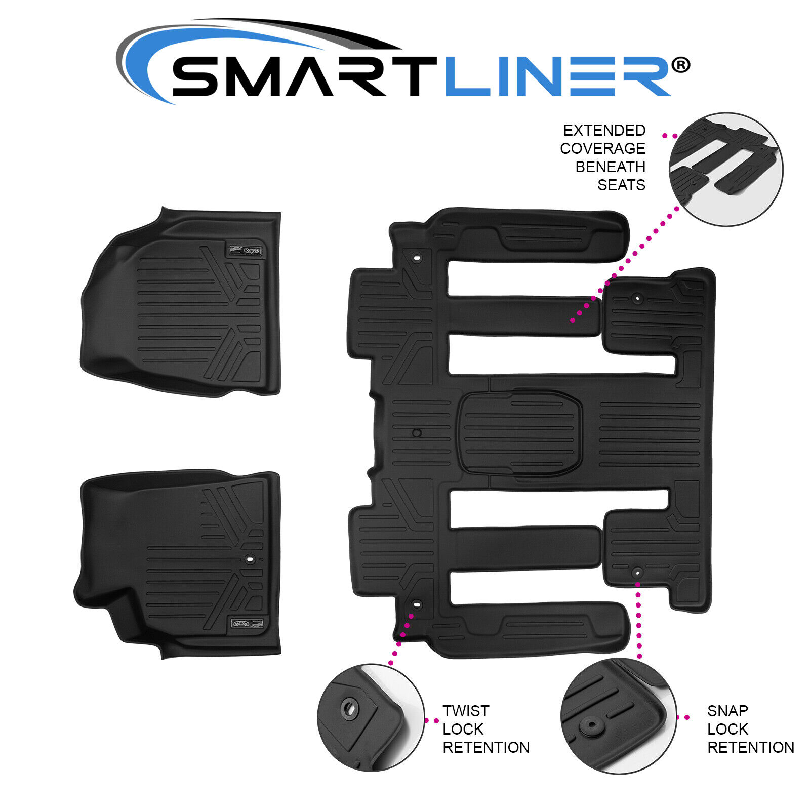 SMARTLINER Custom Fit Floor Mats 3 Row Set Black For Traverse/Enclave/Acadia