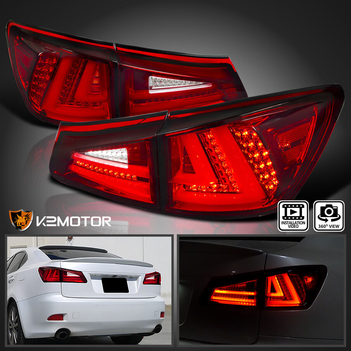 Red Fits 2006-2008 Lexus IS250 IS350 ISF LED Tube Tail Lights Brake Lamps
