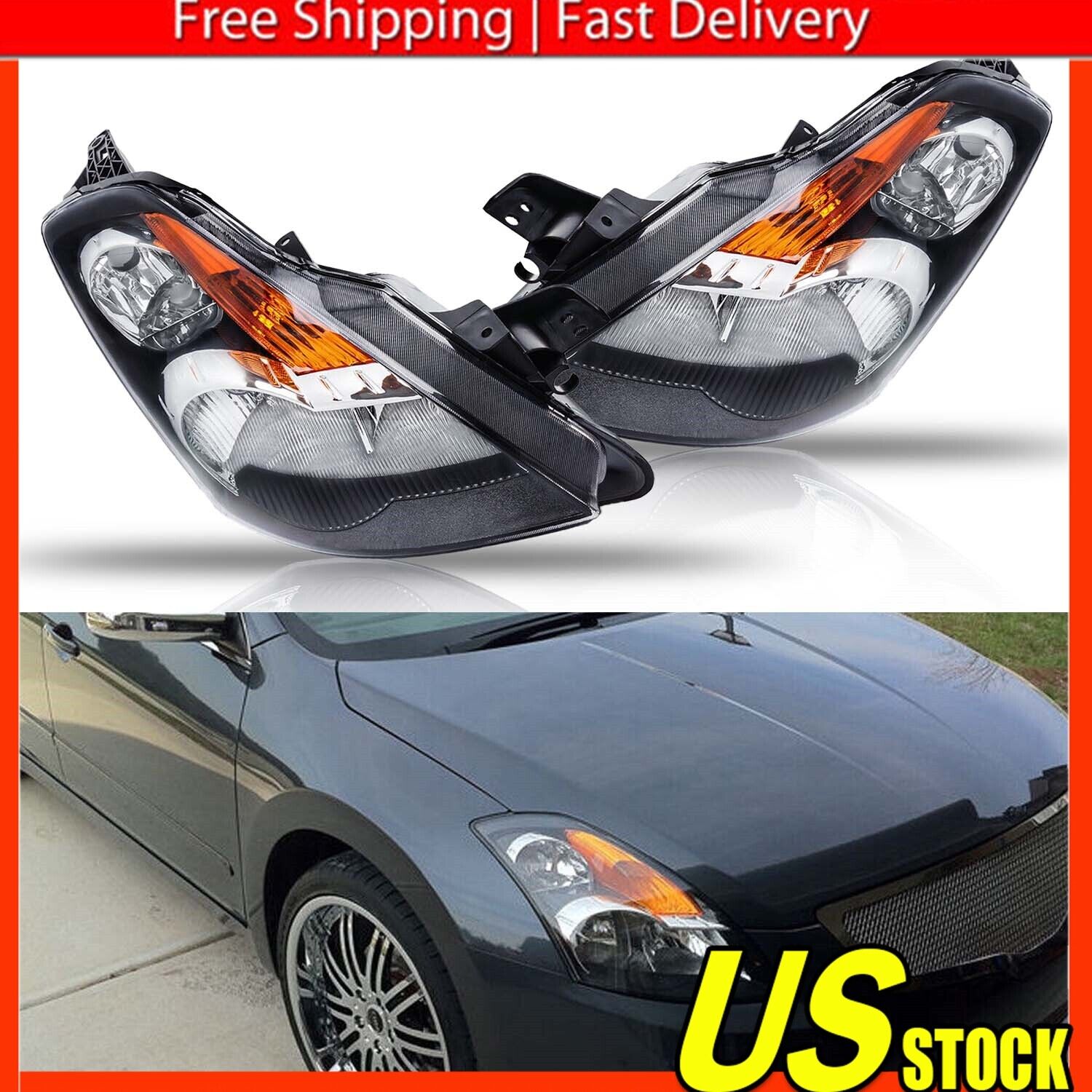 Replacement Headlights for 2007-2009 Nissan Altima Pair Set Black Housing Amber