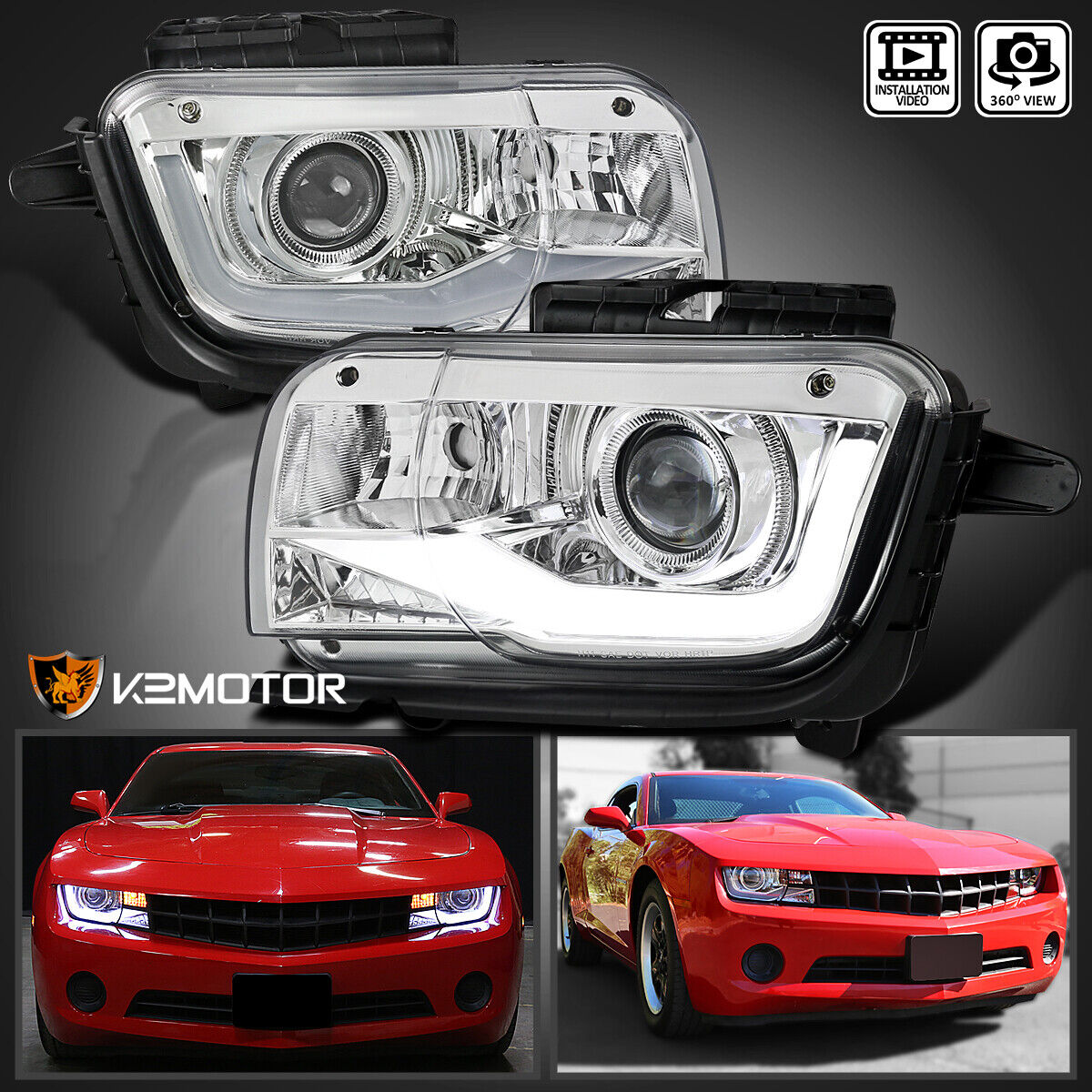 Clear Fits 2010-2013 Chevy Camaro Projector Headlights Lamps LED Bar Tube L+R