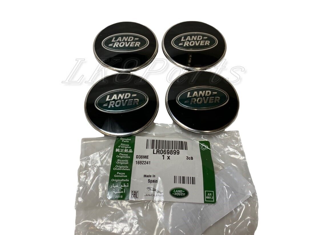 Land Rover Black with Green Oval Polished Genuine Wheel Center Hub Caps Set