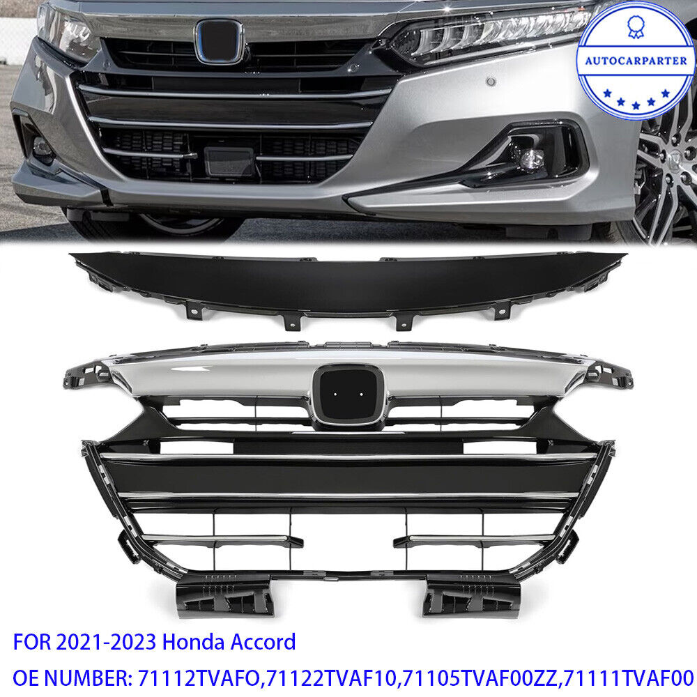 4PCS For 2021-2023 Honda Accord Front Upper/Center/Lower Grill W/Chrome Cover