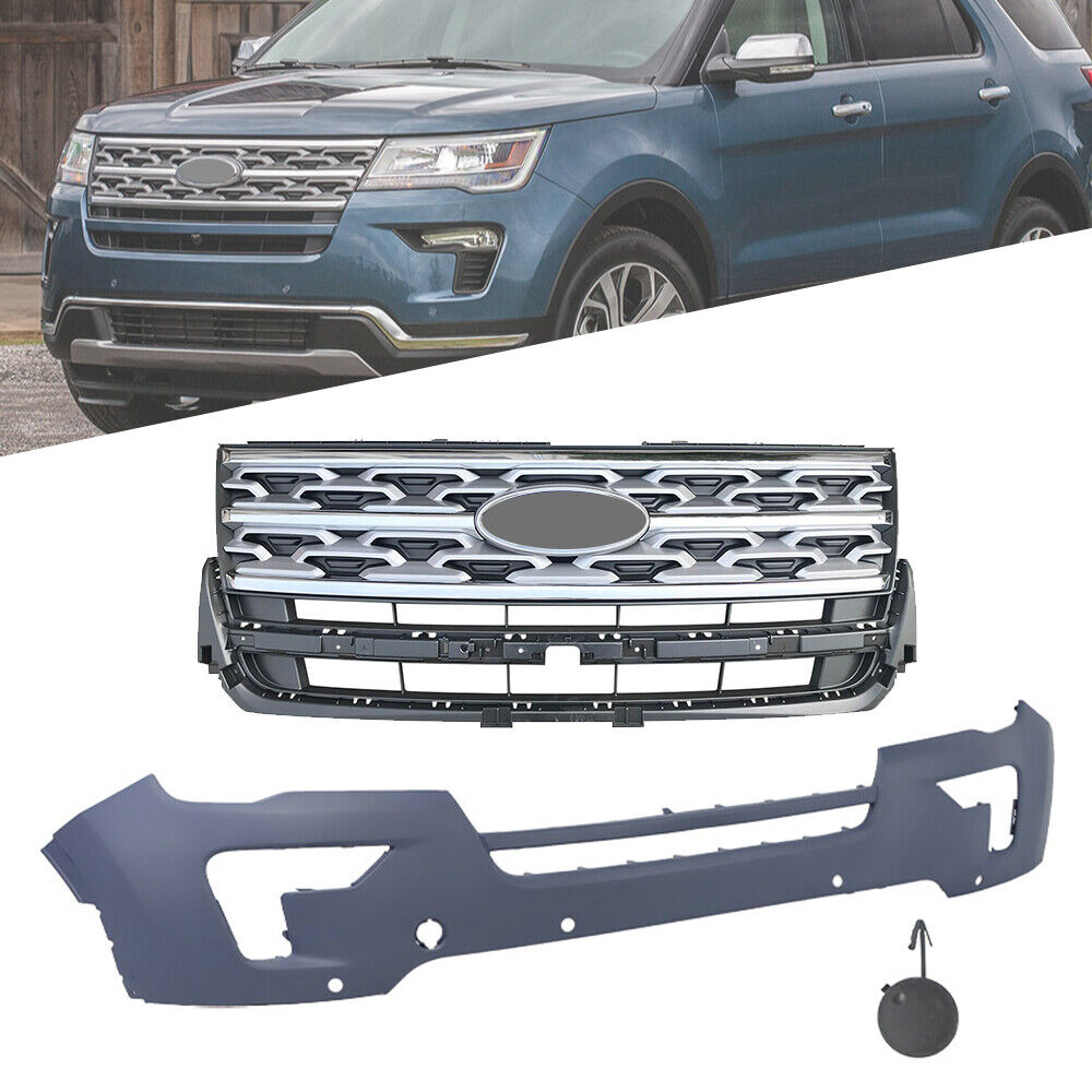 Front Bumper Cover & Grille Combo Set For 2018 2019 Ford Explorer Plastic