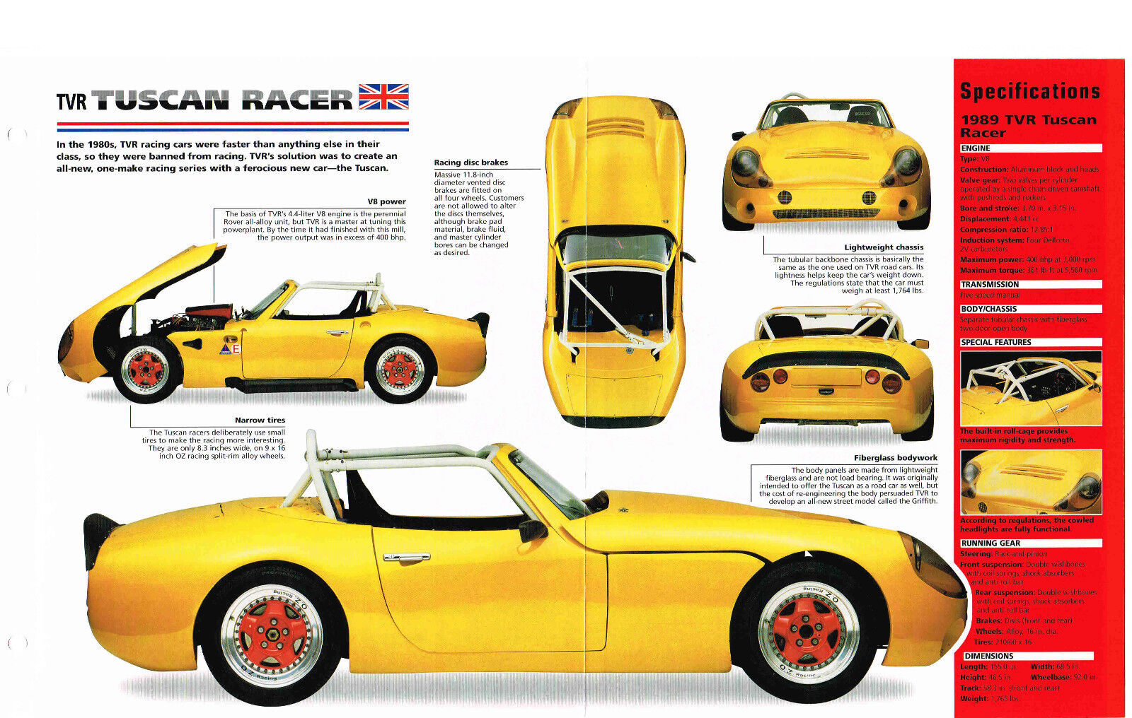 TVR TUSCAN SPEC SHEET IMP Brochure: 1988,1989,1990,.......... 4.4 L Race Car