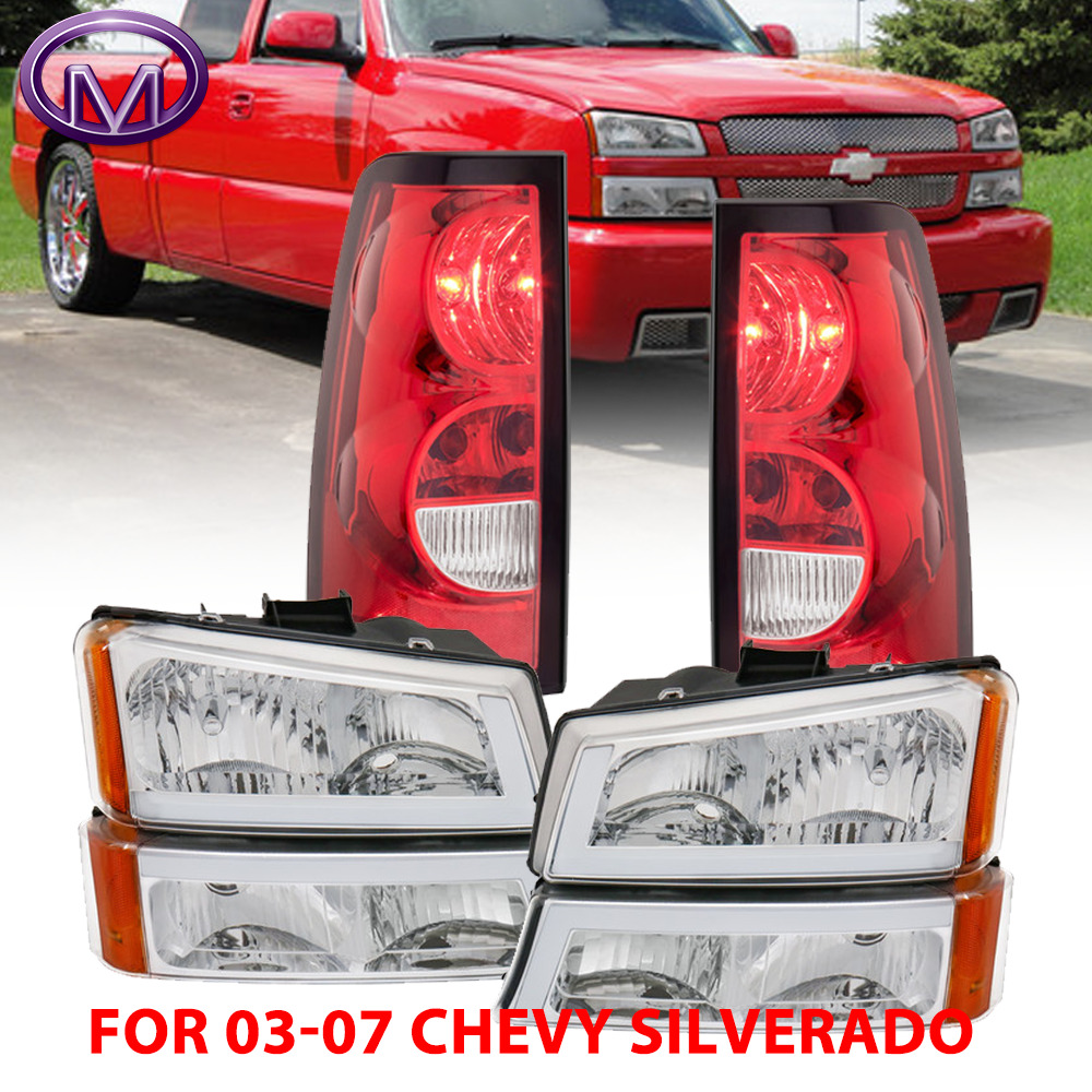 2X LED DRL Chrome Headlights &Tail Light fit 2003-2007 Chevy Silverado Avalanche