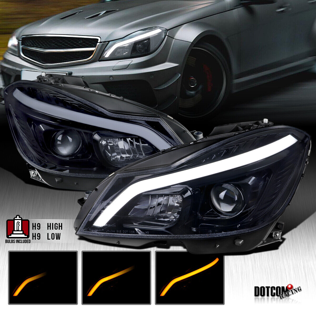 For 2012-2014 Benz W204 C-Class Smoke Black Projector Headlights LED Sequential