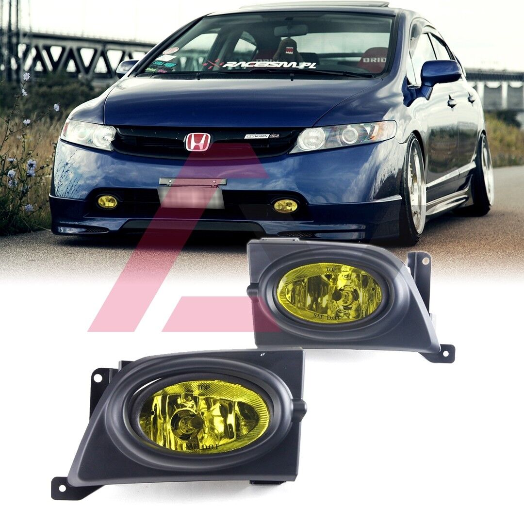 For Sedan Civic 2006-08 Yellow Lens Pair Bumper Fog Light Lamp+Wiring+Switch Kit