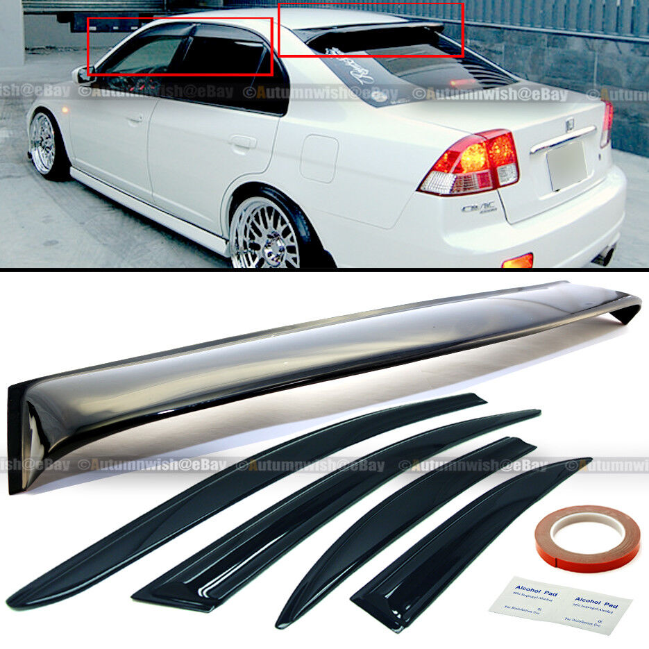 For 01-05 Civic 4DR Black Tint Mugen Style Wavy Window Visors + Rear Roof Visor