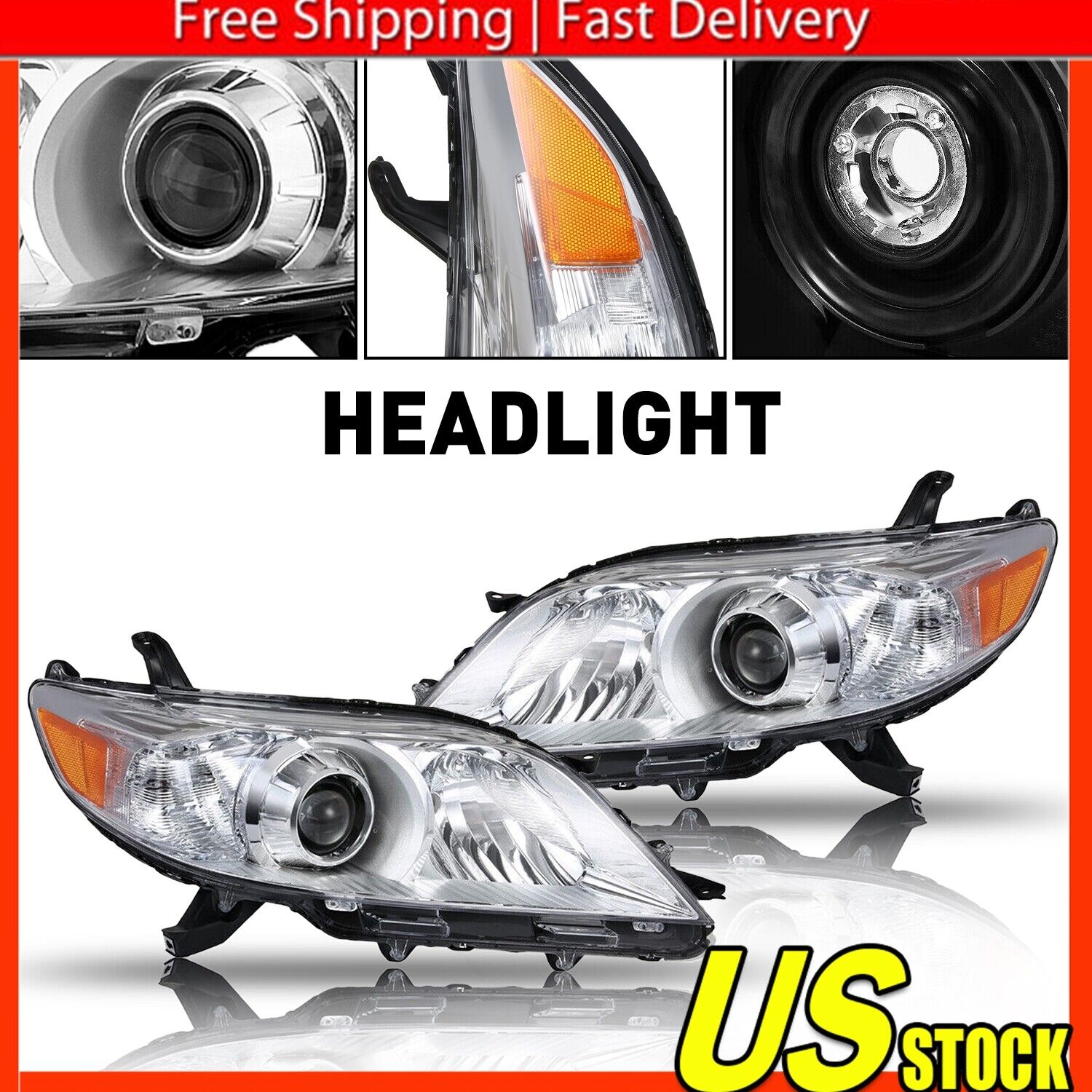 Chrome Fit 2011-2020 Toyota Sienna Halogen Projector Headlights Lamps Left+Right