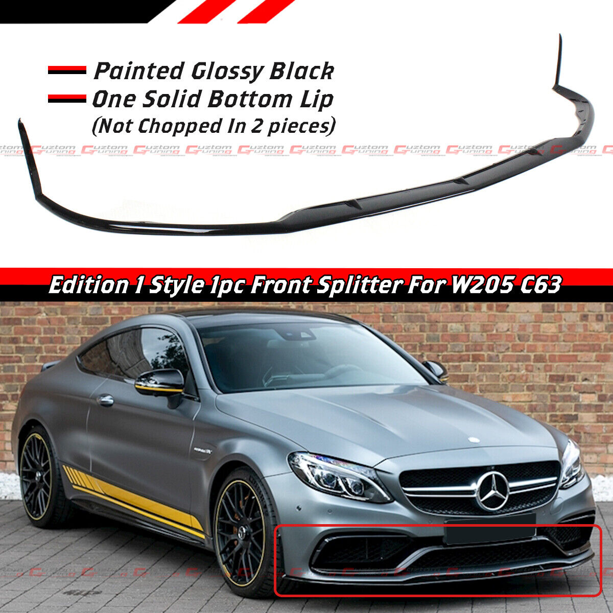 FOR 15-21 MERCEDES BENZ W205 C63 AMG GLOSS BLK EDITION 1 STYLE FRONT BUMPER LIP