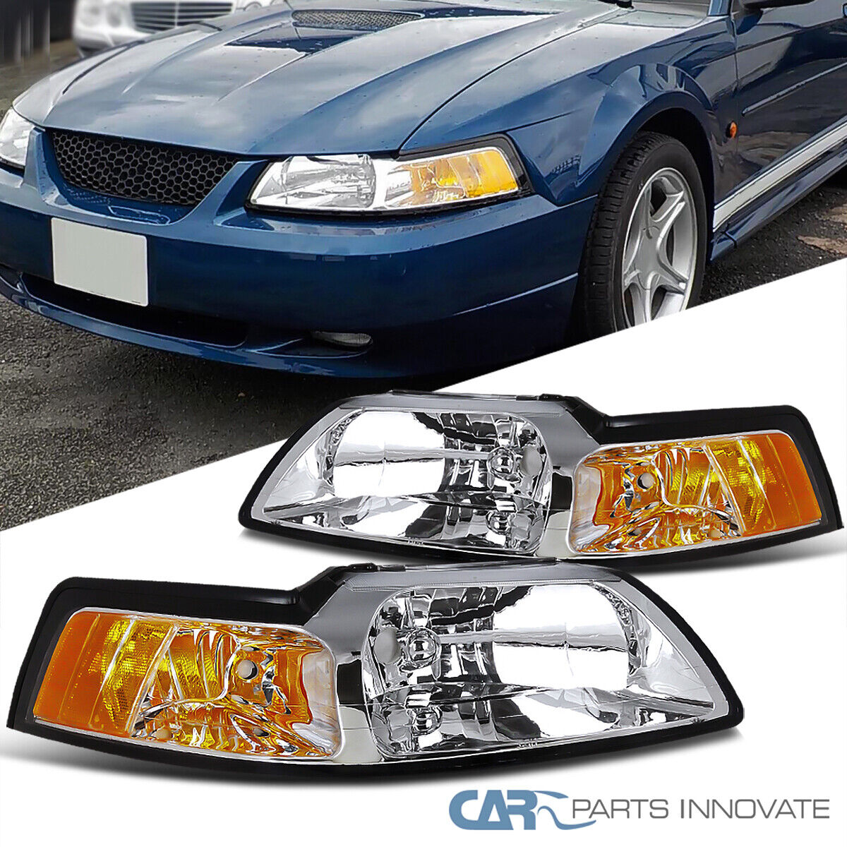 Chrome Headlights For 99-04 Ford Mustang GT+Amber Corner Turn Signal Lamps Set