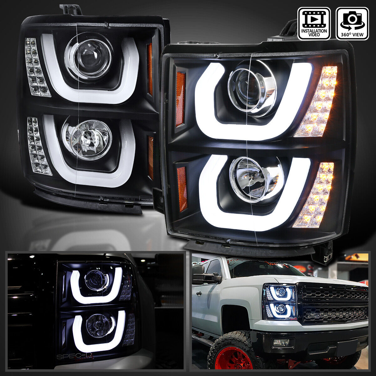 Black Fits 2014-2015 Chevy Silverado 1500 LED Halo Projector Headlights Lamp L+R
