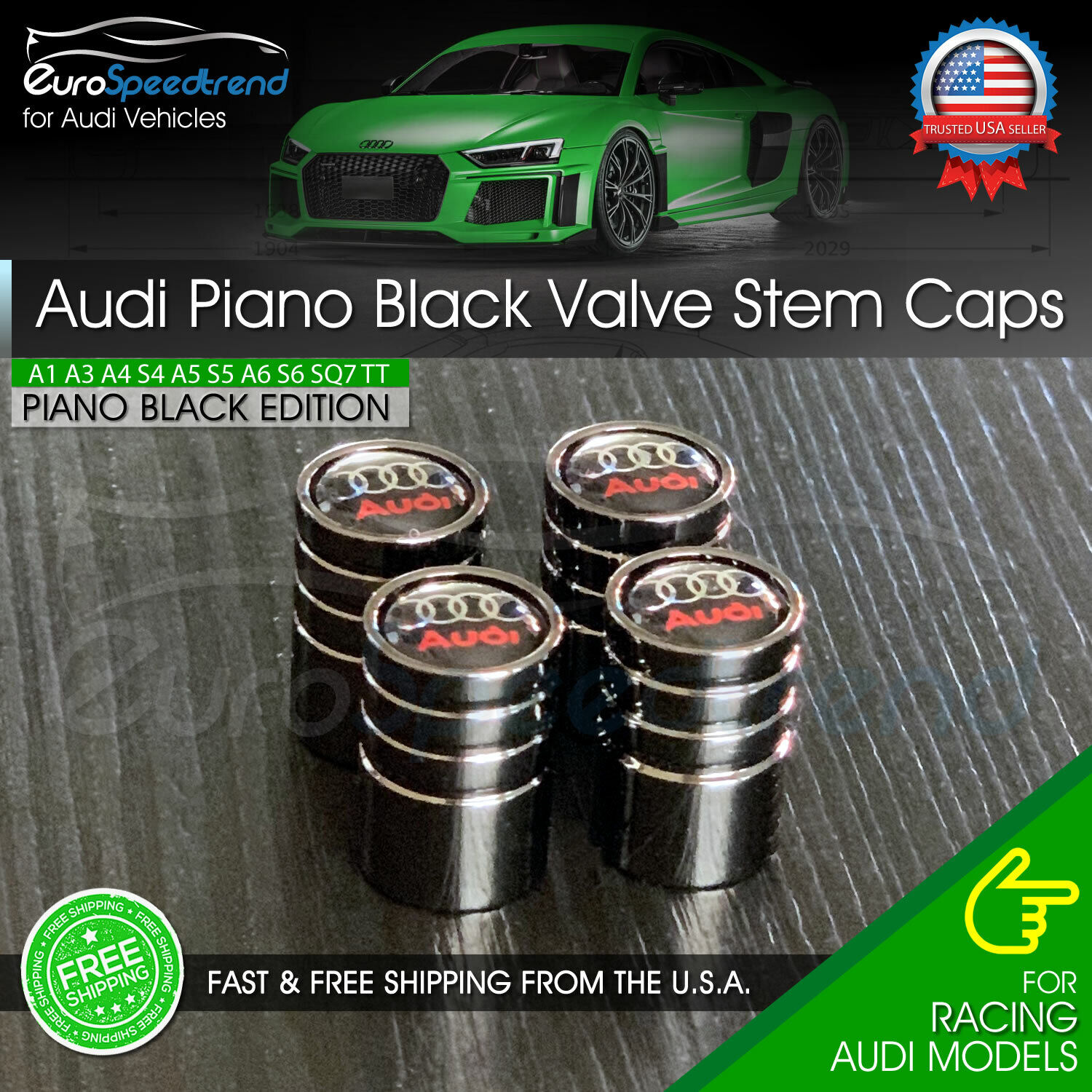 Audi Valve Stem Caps Piano Black Emblem Wheel Tire Cap A3 A4 A5 A6 Q3 Q5 Q7 R8