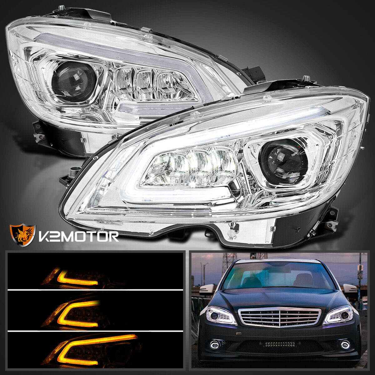 Fits 2008-2011 Mercedes W204 C-Class Full LED Sequential Projector Headlights
