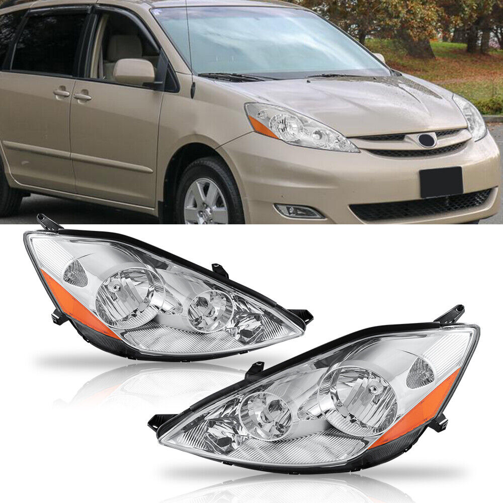 Pair Chrome Housing Headlights Lamp Amber Reflector For 2006-2010 Toyota Sienna