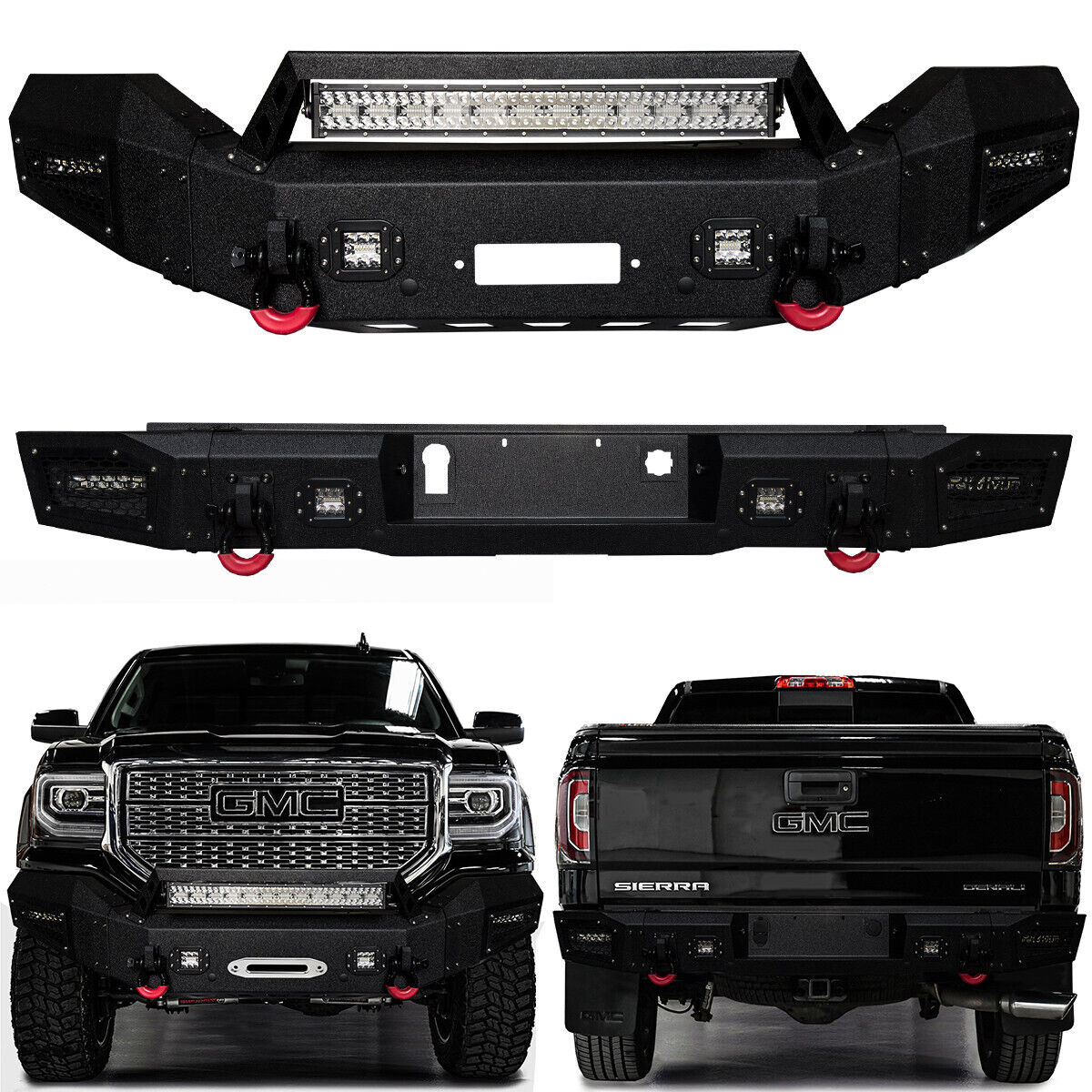 Fit 2016-2018 GMC Sierra 1500 Front and Rear Bumper with D-Rings & LED Spotlight