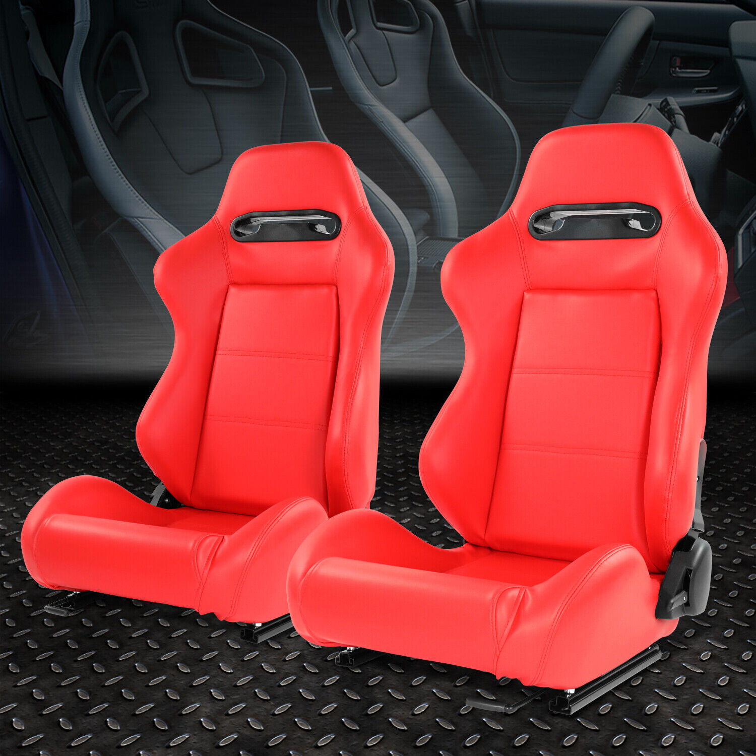 Pair Universal Red Vinyl Leather Adjustable Reclinable Racing Seats w/ Sliders