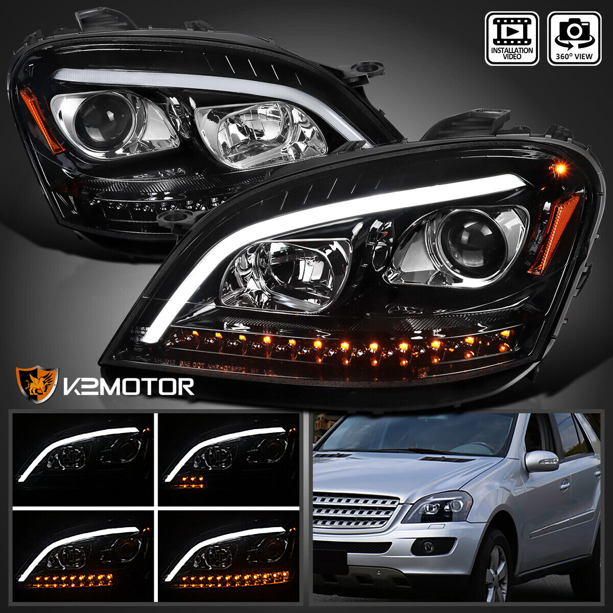 Jet Black Fits 2006-2008 Mercedes W164 ML350 ML500 LED Bar Projector Headlights