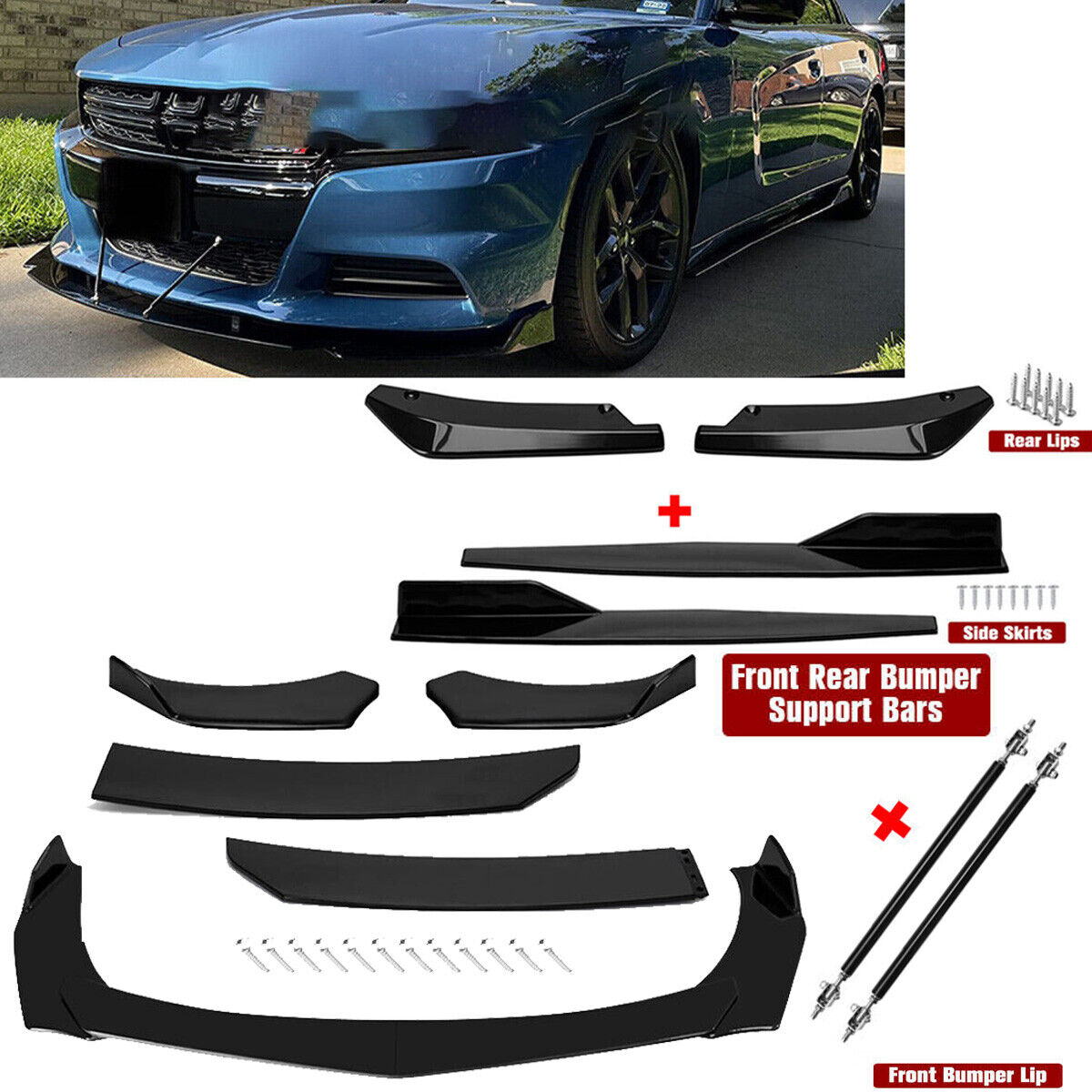 For Dodge Charger RT Front Rear Bumper Lip Spoiler/ Splitter Body Kit Side Skirt
