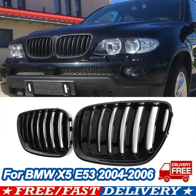 Pair Fit BMW X5 E53 2004-2006 Gloss Black Front Bumper Kidney Hood Grille Grill