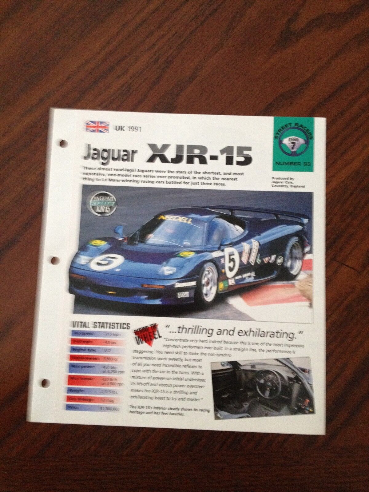 UK 1991 Jaguar XJR-15 Hot Cars Street Racers Group 7 # 33 Spec Sheet Brochure