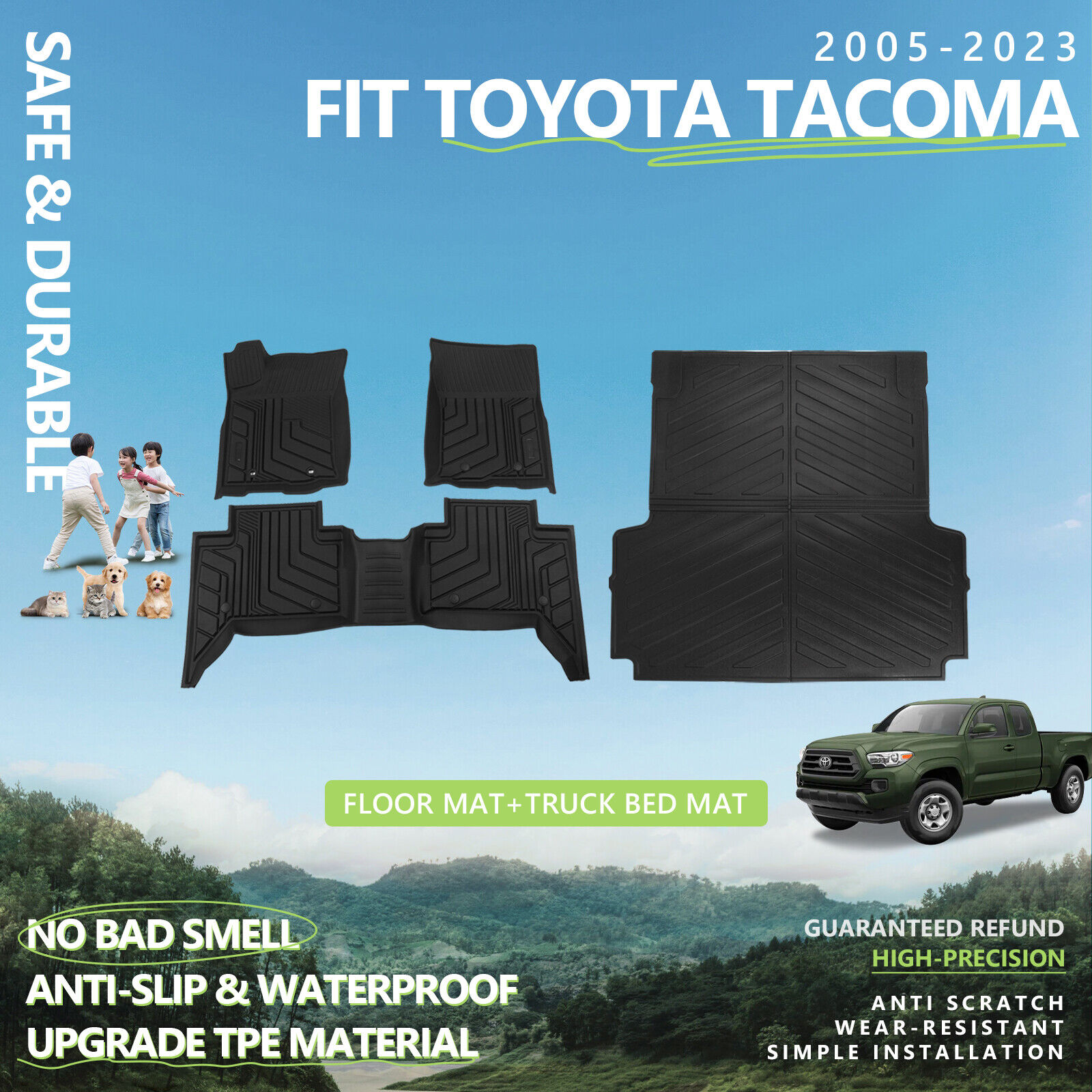 For 2005-2023 Toyota Tacoma Floor Mats Bed Mats Trunk Bed Liners All Weather TPE