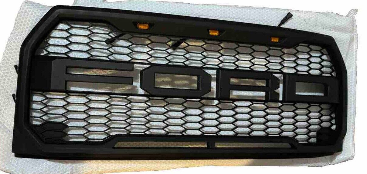 Matte Black Raptor Style LED Mesh Grille For 15-17 Ford F150 DRL Flood Marker