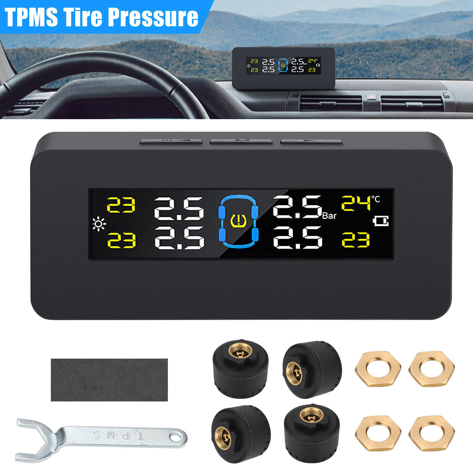 Wireless Car RV Truck TPMS Tire Pressure Monitoring System +4 External Sensors