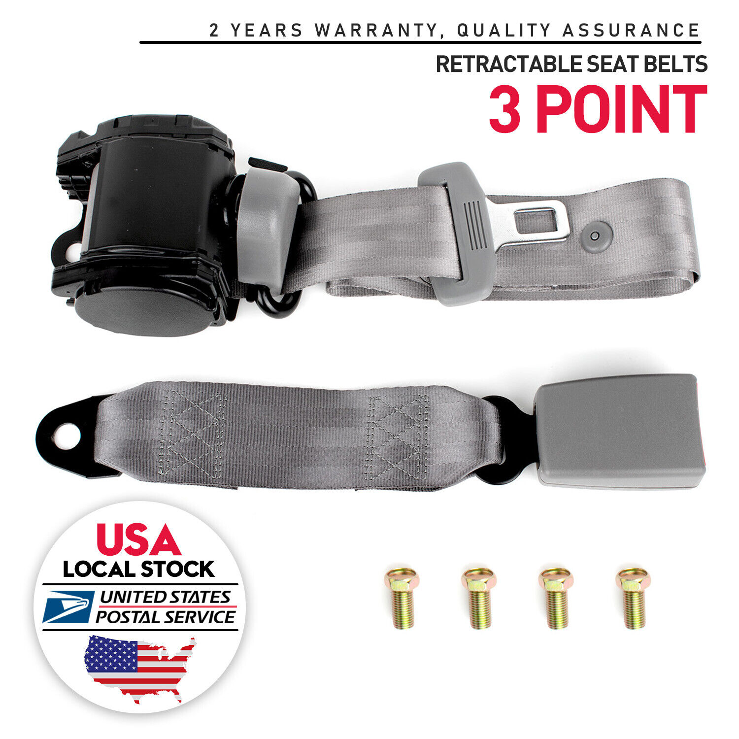 1x Retractable 3 Point Safety Seat Belt Straps Car Vehicle Adjustable Belt Gray