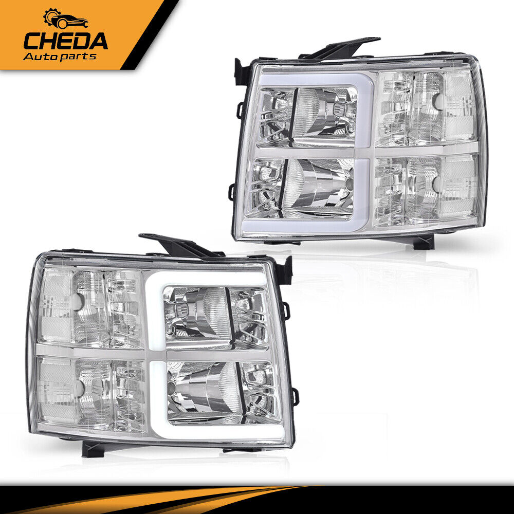 Fit For 07-13 Chevy Silverado 1500 2500 LED Bar Tube Chrome Headlights