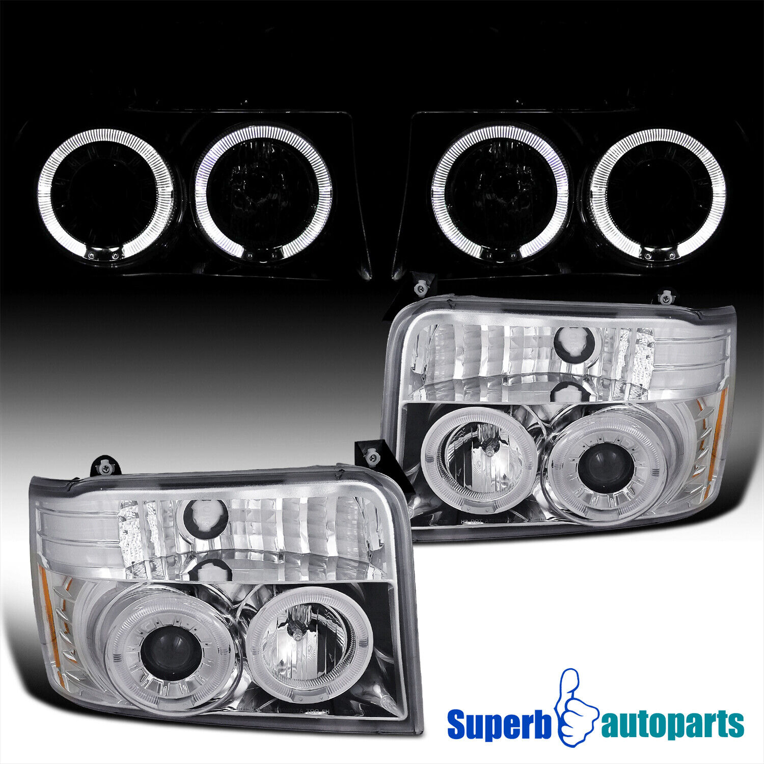 Fits 1992-1996 Ford F150 F250 F350 Projector Headlights Bronco Halo Lamps Pair