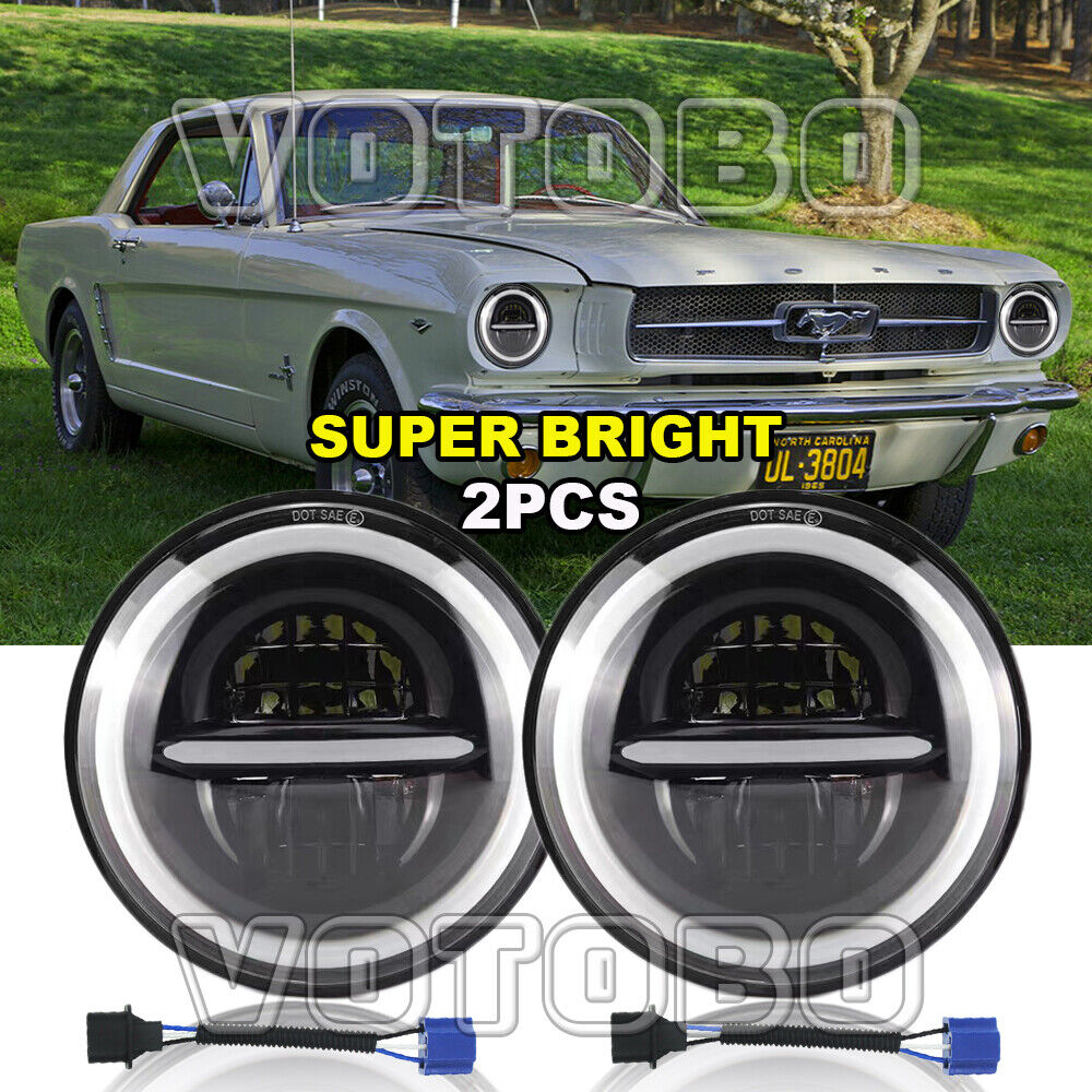 Pair 7 INCH Round Led Headlights Hi/Lo Beam Halo DRL For Ford 1965 -1973 Mustang