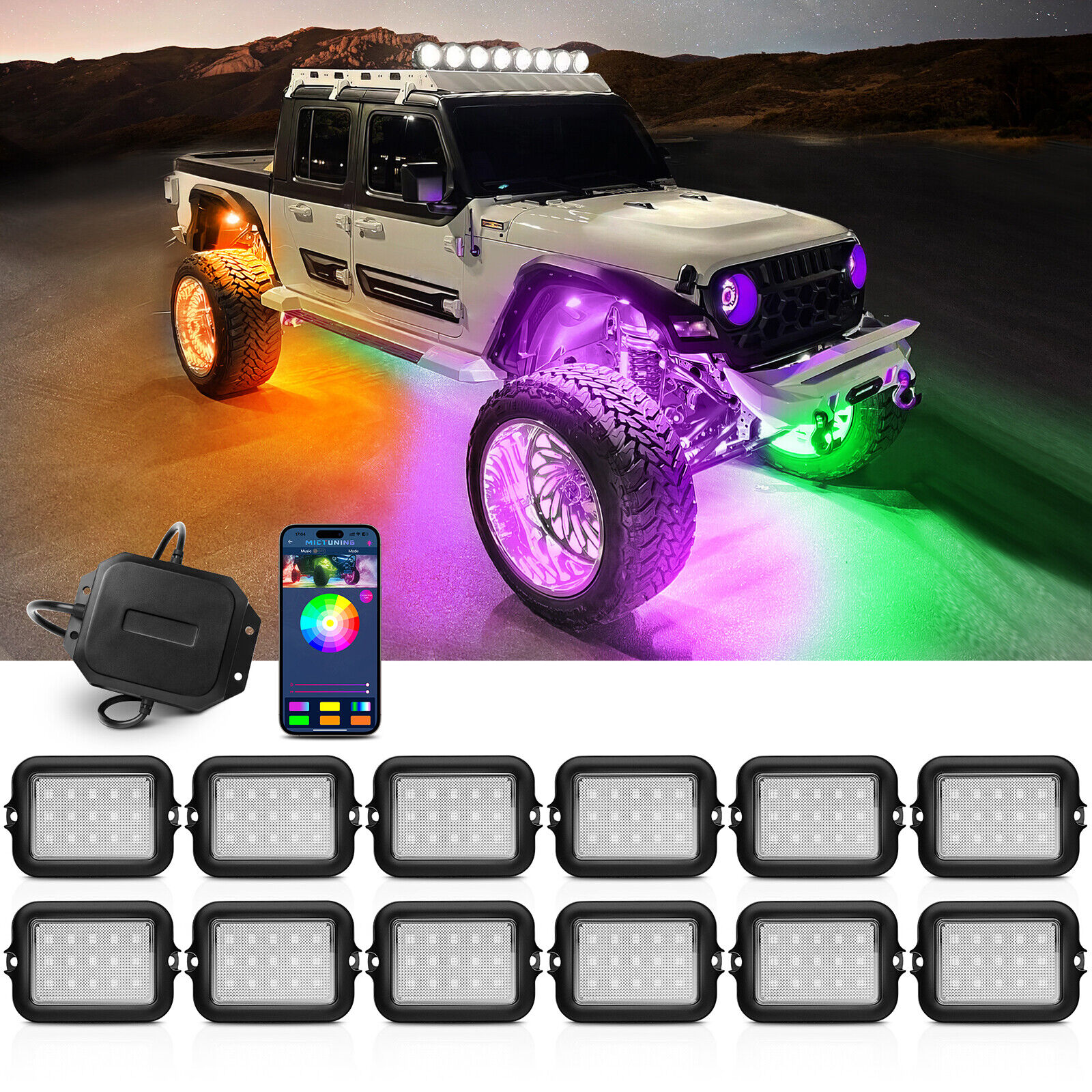MICTUNING 12 Pods RGB+IC LED Rock Lights Kit Dream Color Bluetooth Chasing Light