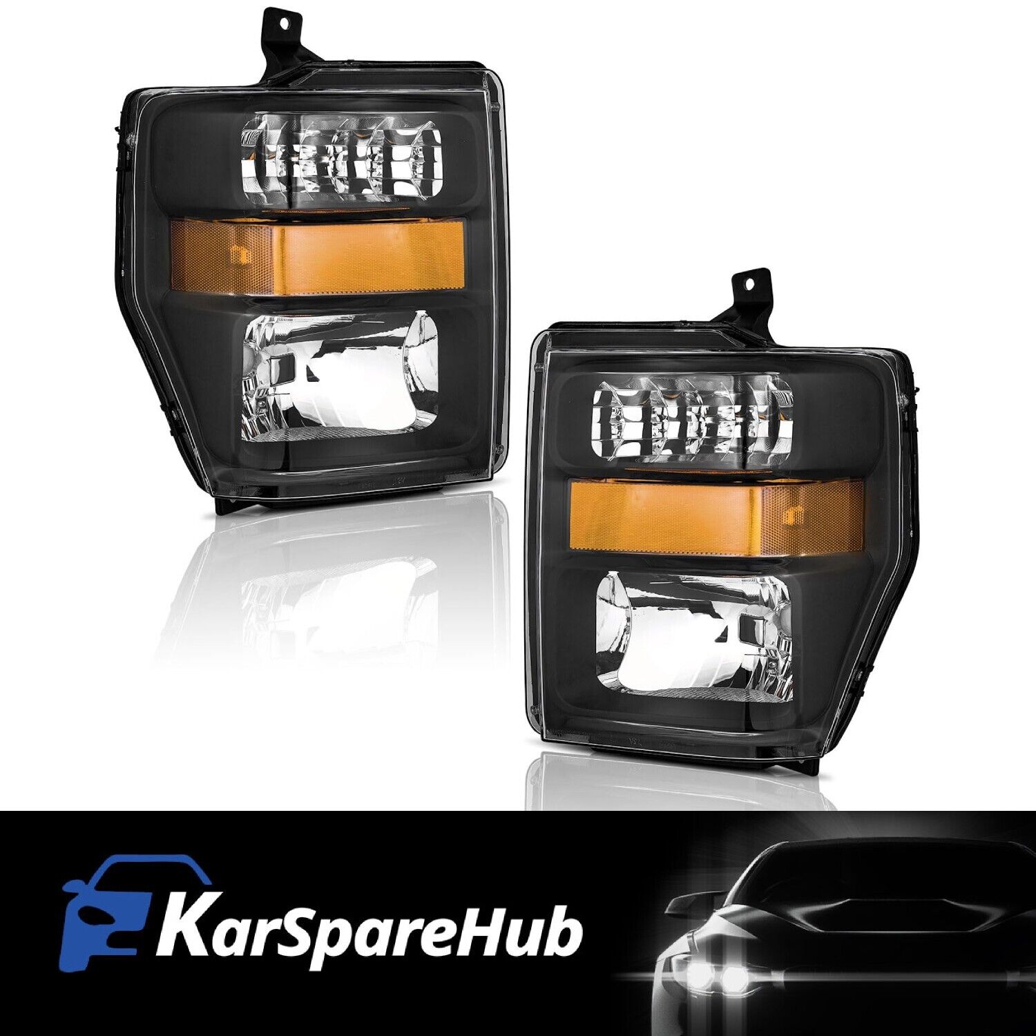 For 2008-2010 Ford F250 F350 F450 Super Duty Black Housing Headlights Lamps Pair