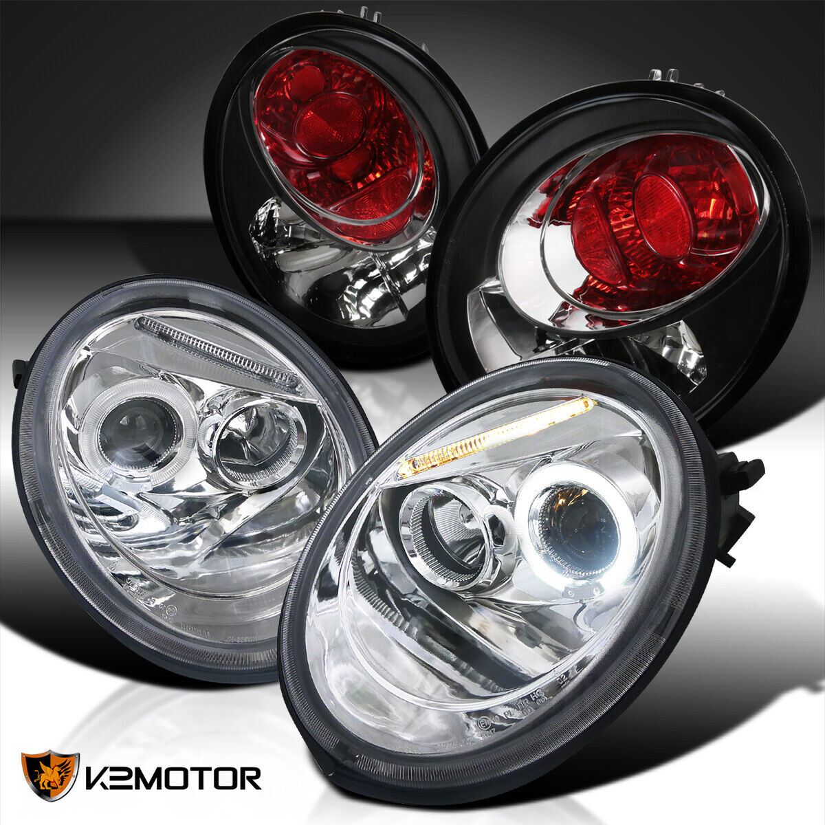 Fits 1998-2005 VW Beetle Clear LED Halo Projector Headlights+Black Tail Lamps