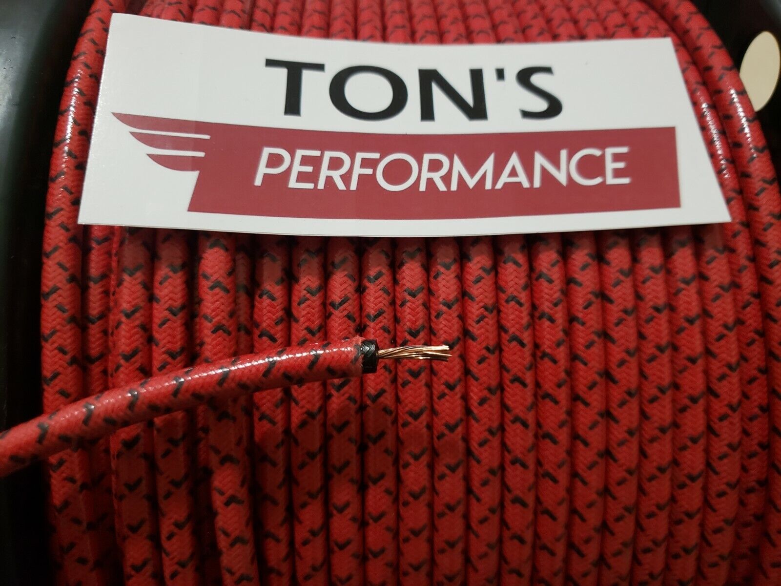 7mm Copper Core BRAIDED CLOTH Red with Black tracers SPARK PLUG WIRE DIY FOOT