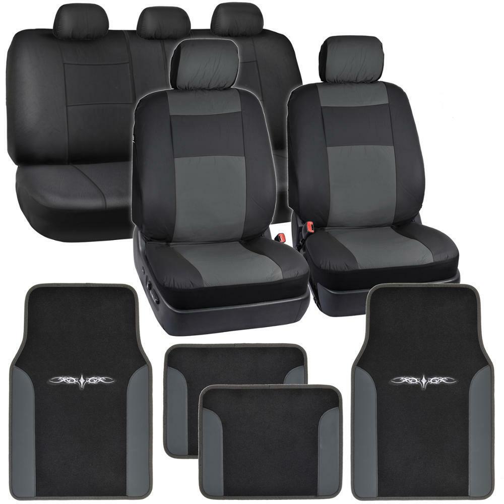 Synthetic Leather Car Seat Covers & Carpet Floor Mats - Black/Charcoal Gray