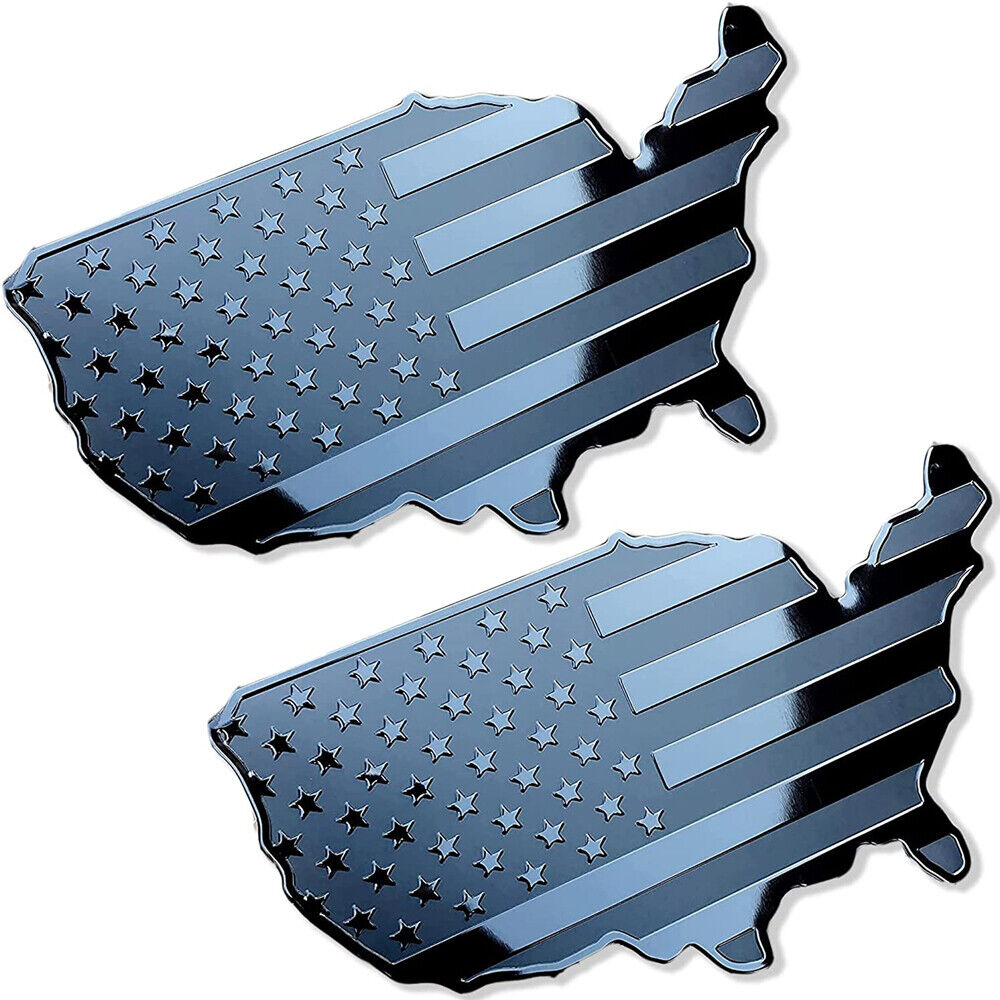 2 Pcs Metal American USA Flag Map Emblem Decal for Car Truck SUV Fender Badge