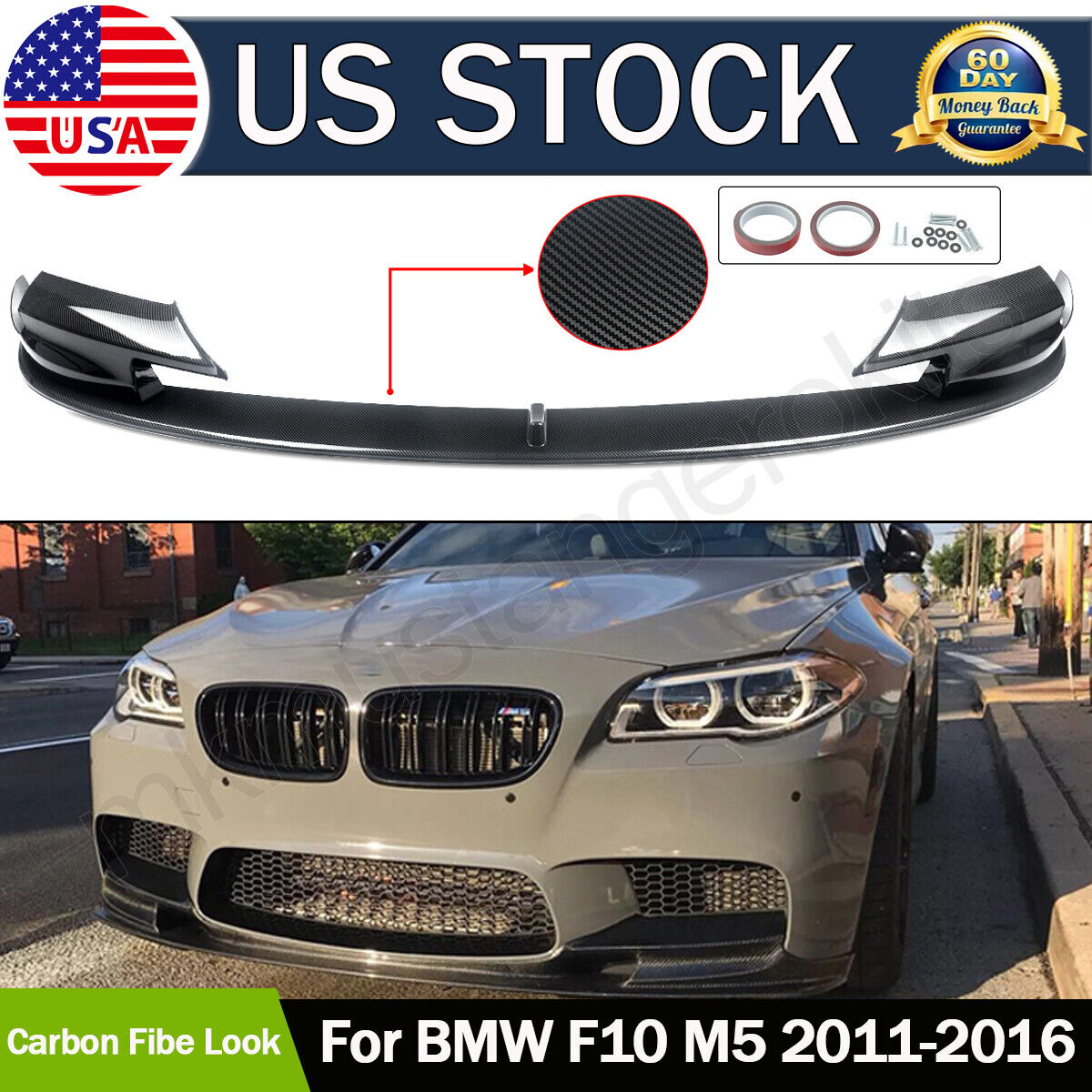 Fits 2011-2016 BMW 5 Series F10 M5 Front Bumper Spoiler Splitter Lip Carbon Look