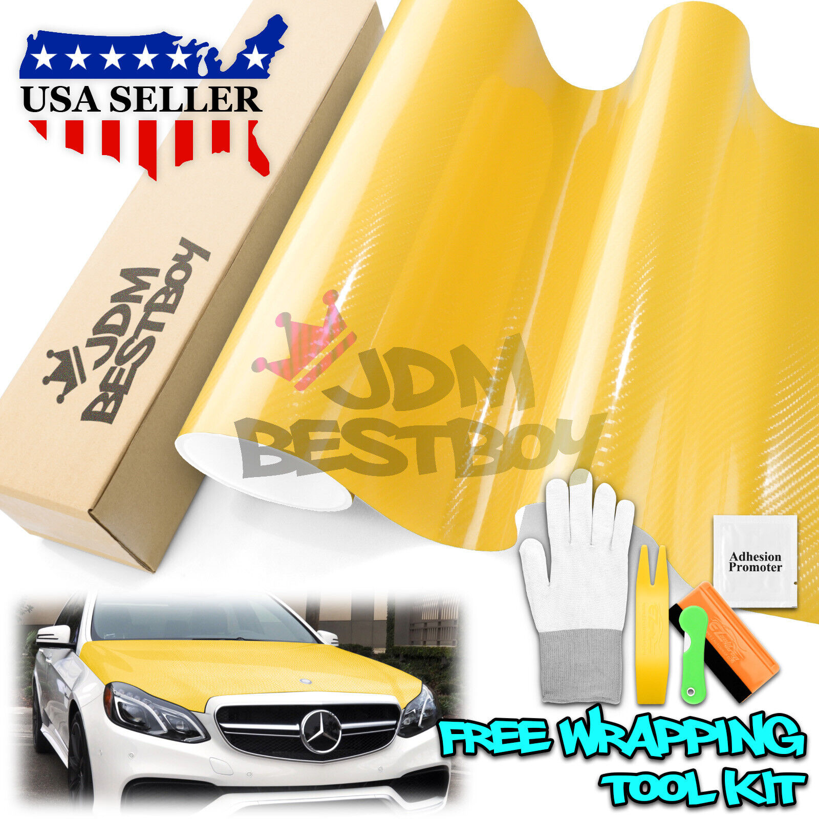 7D Carbon Fiber Yellow High Gloss Auto Vinyl Wrap Sticker Sheet Film Decal 6D