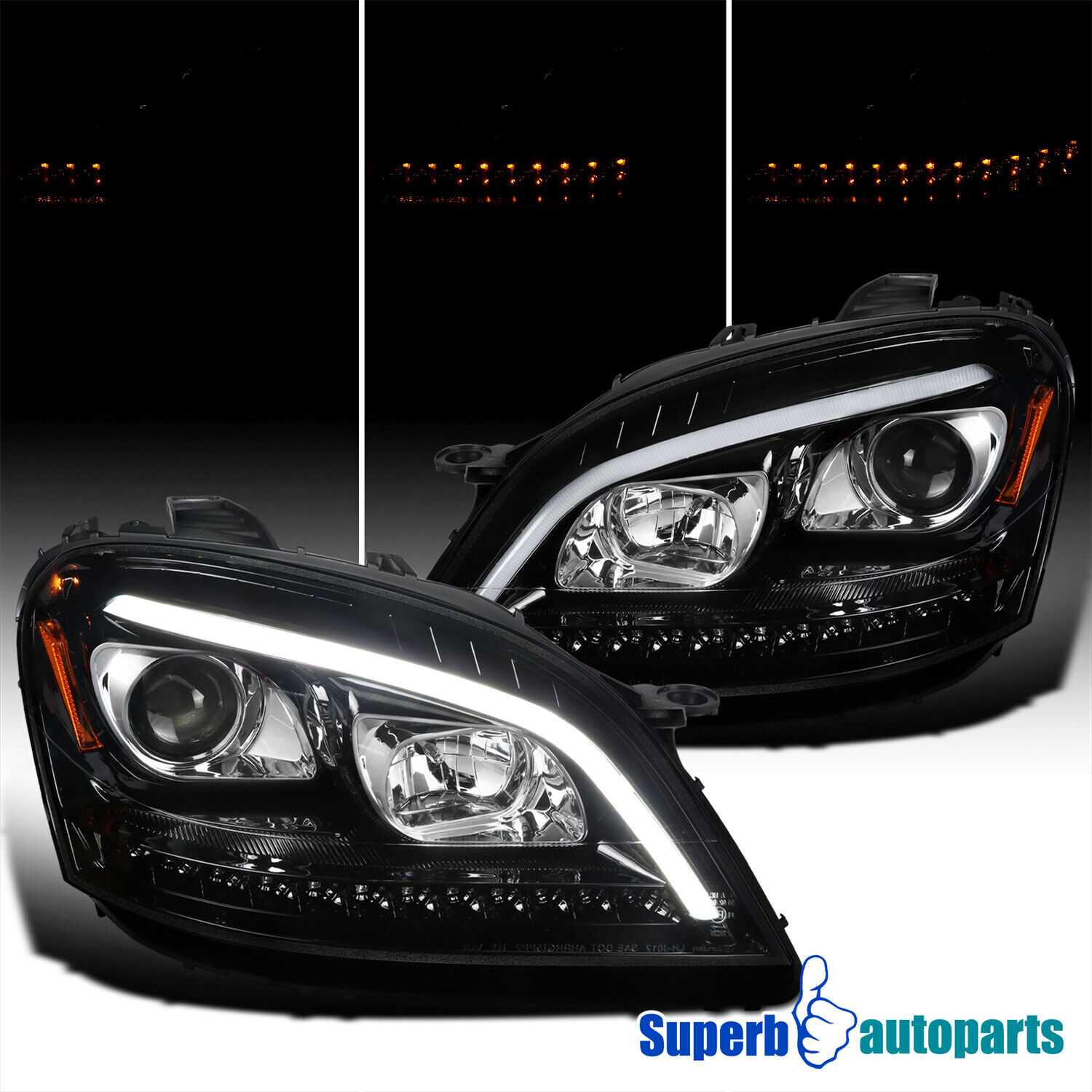 Fit 2006-2008 Mercedes 06-08 Benz W164 Black Projector Headlights+LED Sequential