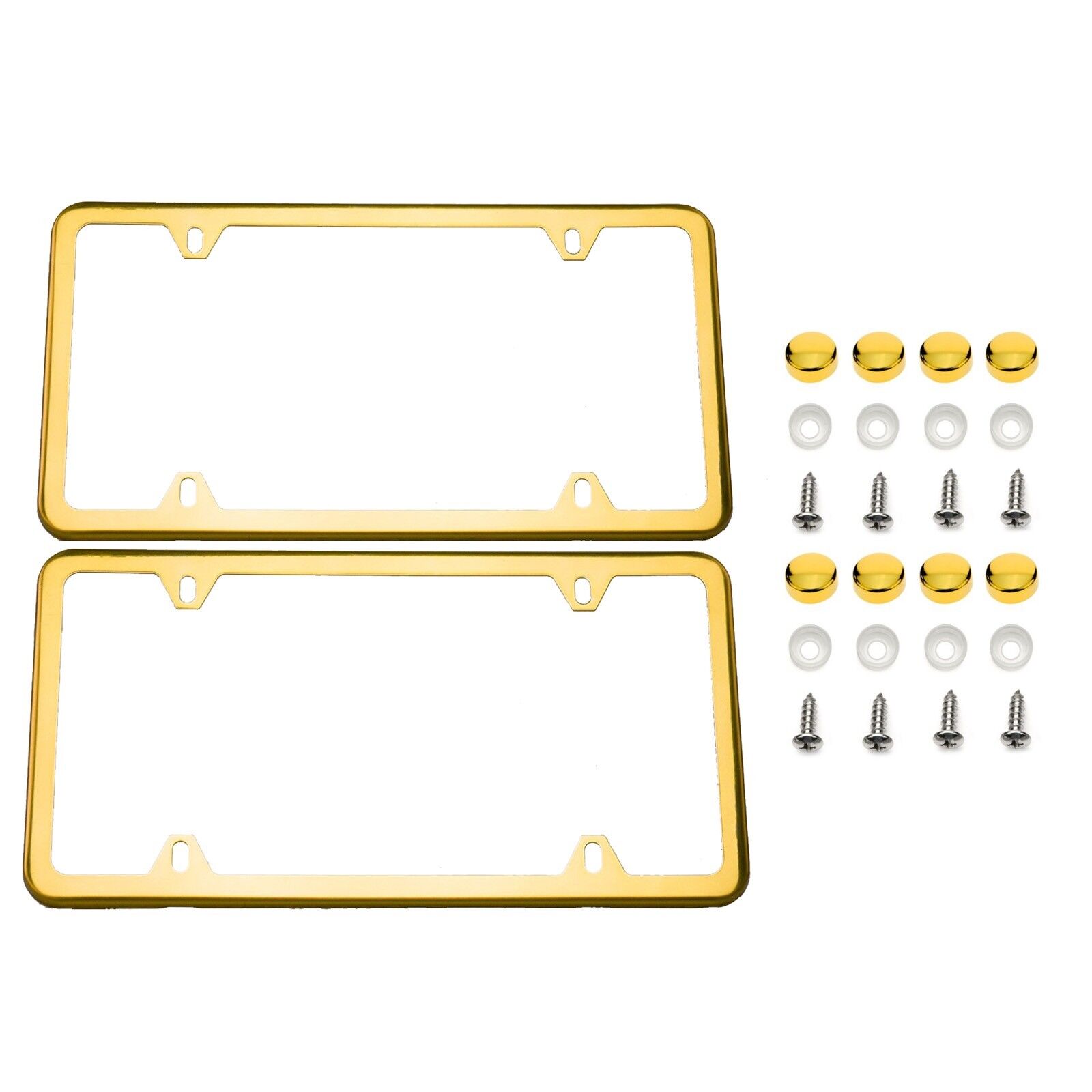 2PCS SLIM 24k Gold Plated STAINLESS STEEL LICENSE PLATE FRAME SCREW CAP-4 HOLE