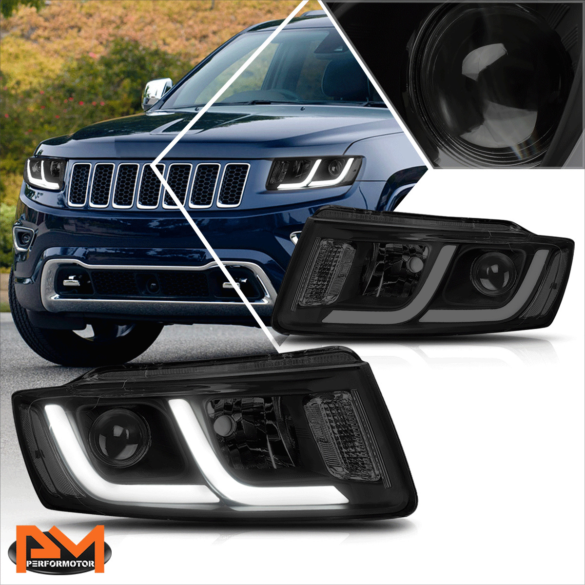 For 14-16 Jeep Grand Cherokee LED DRL Bar Projector Headlight/Lamps Tinted/Clear