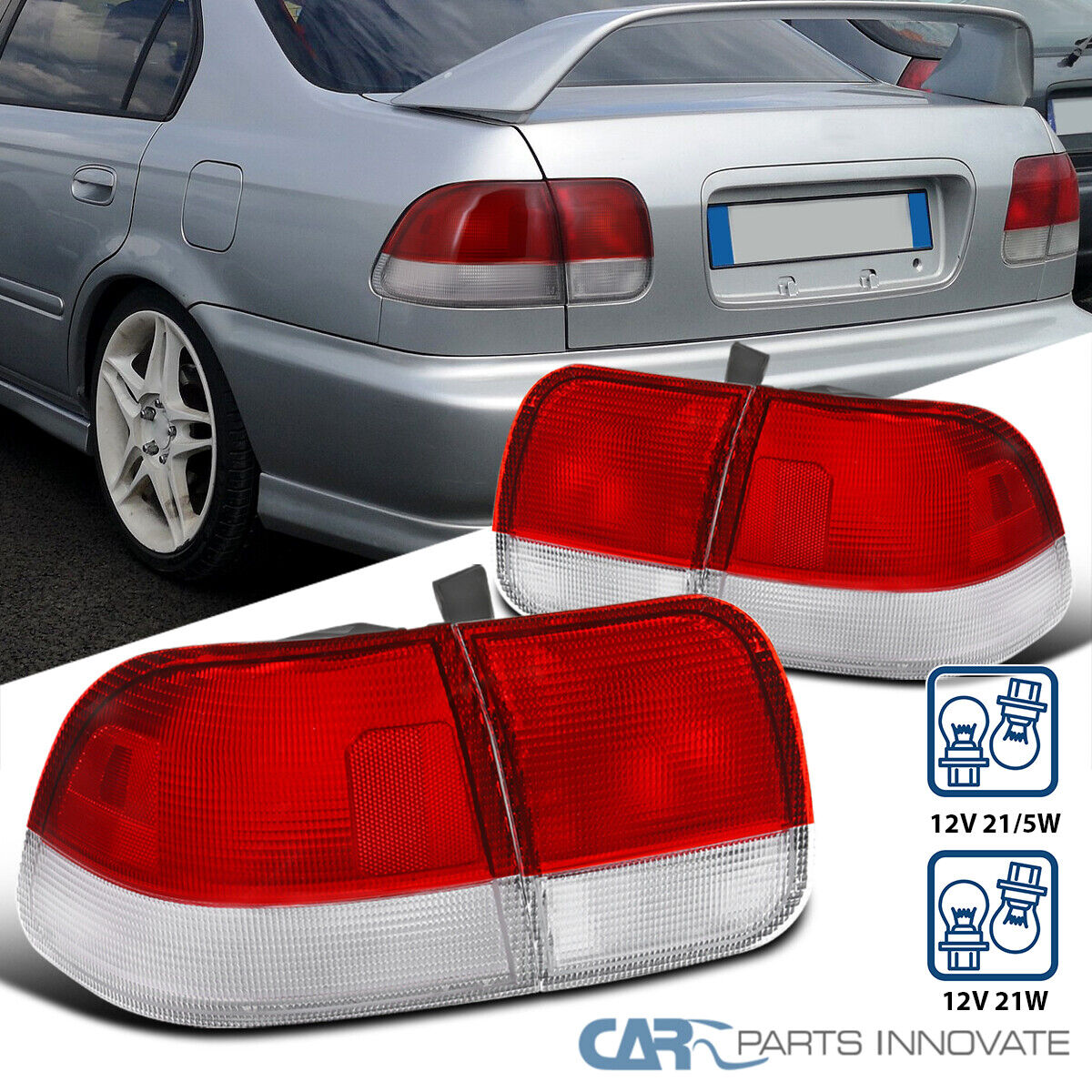 Fits 96-98 Honda Civic 4Dr Sedan Red/Clear Tail Lights Rear Brake Parking Lamps