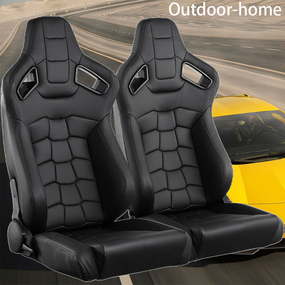 2Pcs Black Universal Recline Bucket Seats Cars Front-Back Adjustable Racing Seat
