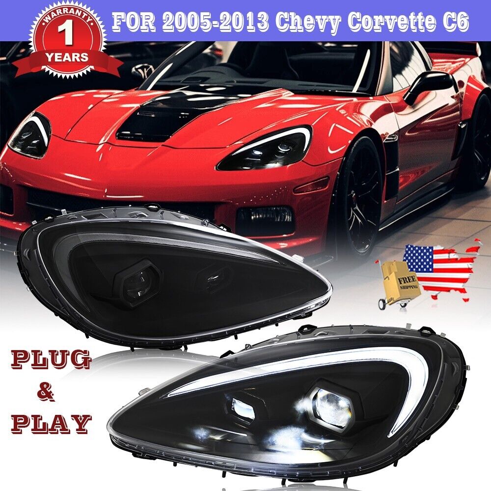 LED Black Front Lamp Fits Corvette C6 2005-13 Turn Signal Sequential Headlights